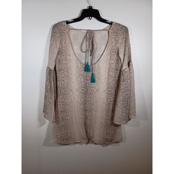 Judith March Long Bell Sleeve Embroidered Boho Snake Print Tunic Top Size Small - Picture 9 of 9